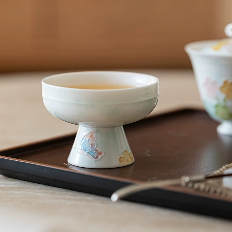 君青蝶舞伊云手绘主人杯功夫茶具日式高足陶瓷茶杯家用精致品茗杯