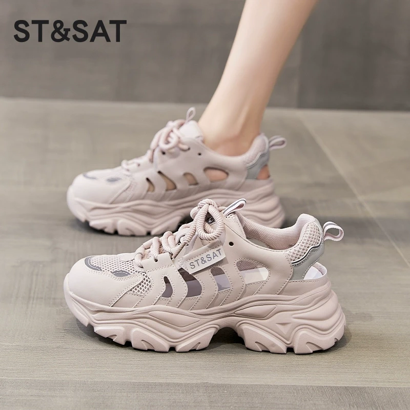 星期六网面透气镂空老爹鞋女2025夏季新款凉鞋防滑增高轻便休闲鞋