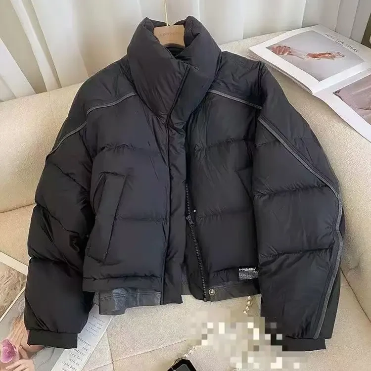 星汇都- 984208女短款冬装立领加厚保暖拼皮设计感白鸭绒外套