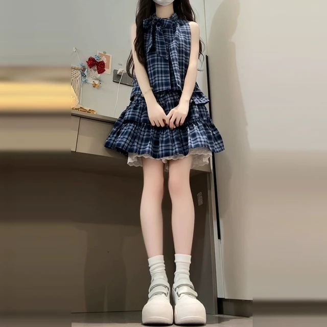 蓝色格子衬衫无袖背心连衣裙子女初夏2025新款夏日绝美蛋糕小短裙