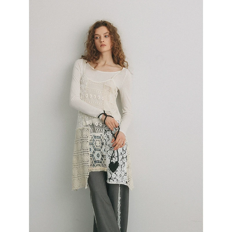 popchrio◆镂空叠穿蕾丝拼接吊带连衣裙设计感不对称外搭罩衫女夏