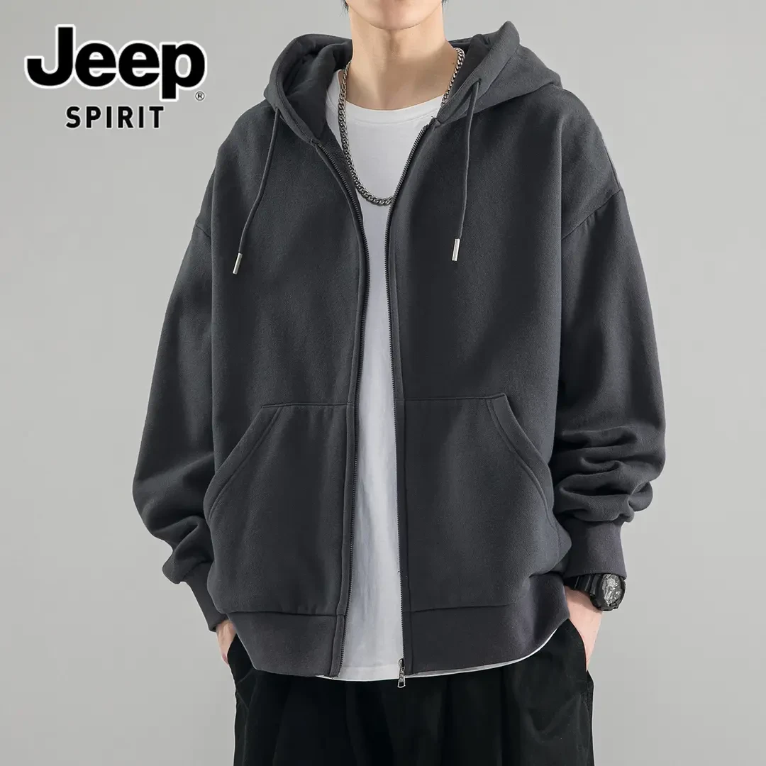 JEEPSPIRIT吉普开衫卫衣男士春秋季新款潮牌宽松美式百搭连帽外套
