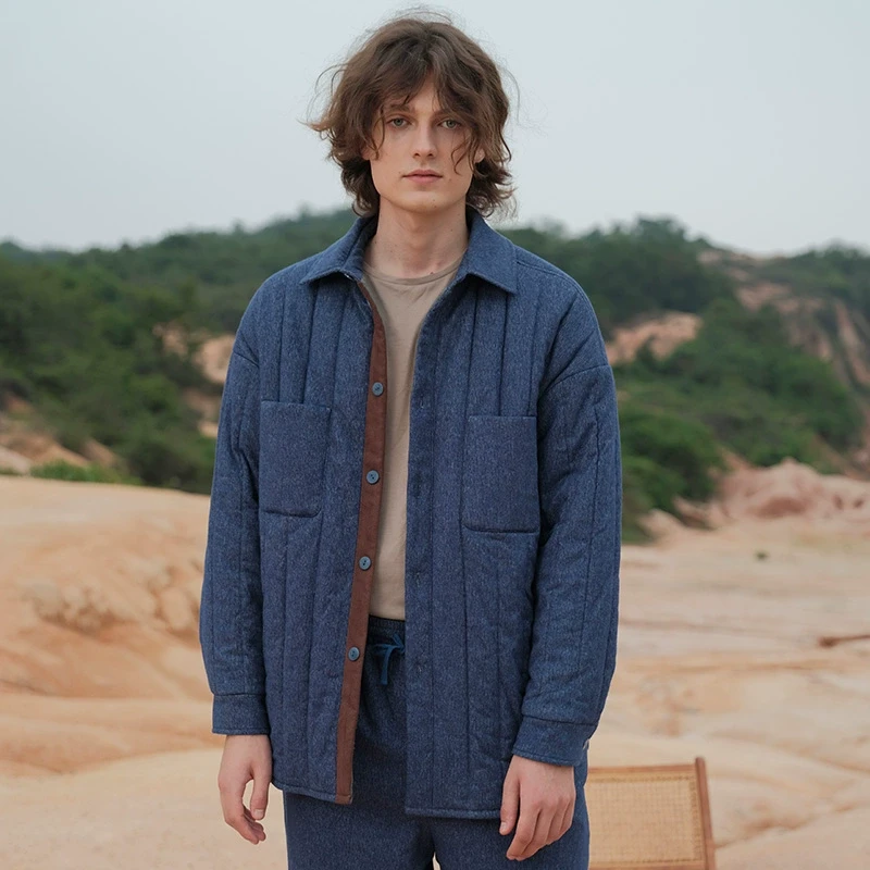 朵朵可可睡衣男秋冬里外纯棉牛仔蓝夹棉保暖帅气家居服DM232CZ416