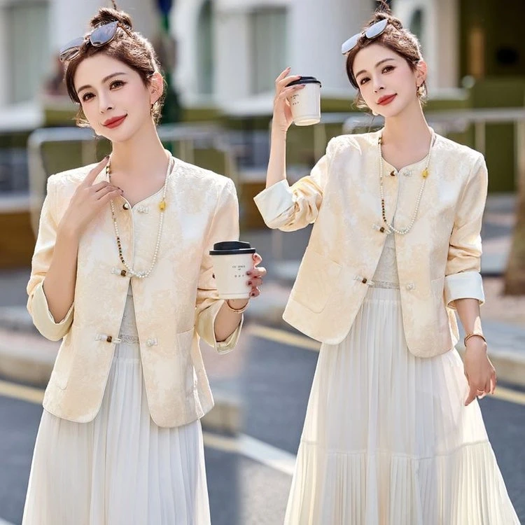 （运费补贴）提花女短款新中式纯色开襟短外套小个子春秋唐装绣花