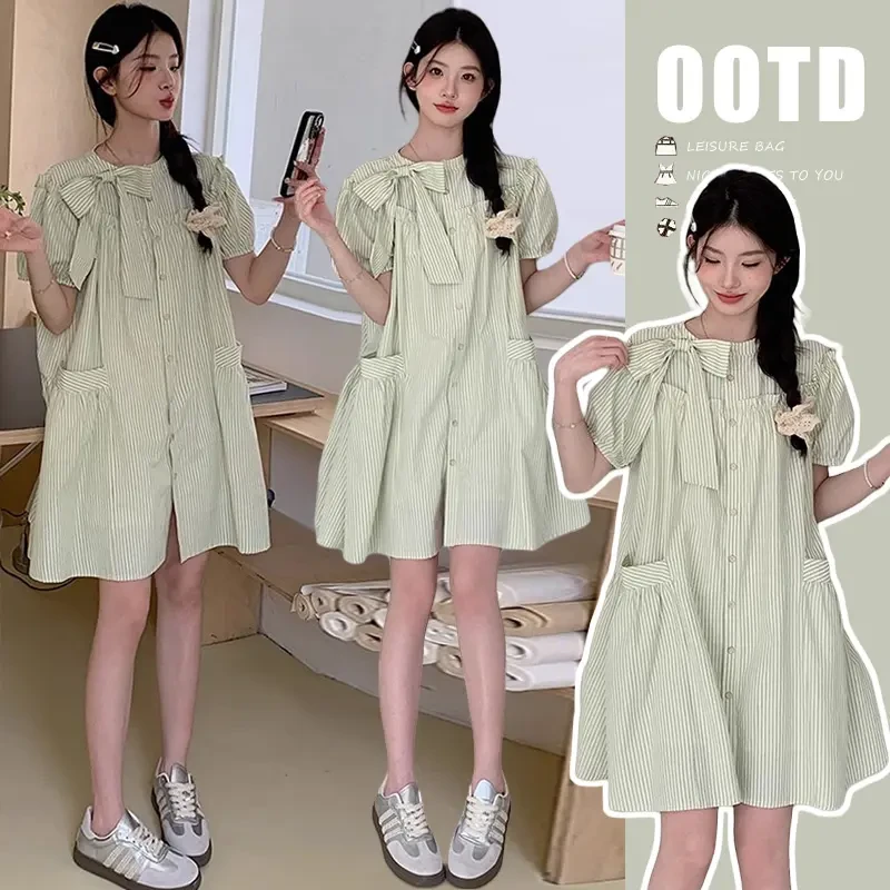 时髦孕妇装新款温柔风蝴蝶结可爱减龄显瘦时尚夏季绿色条纹连衣裙