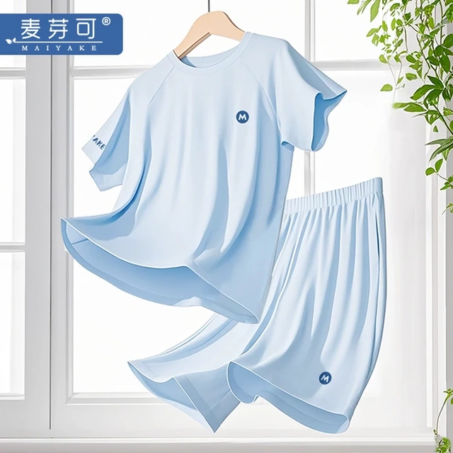 麦芽可8208儿童7A抗菌莫代尔睡衣夏季薄款短袖男女童三件套家居服