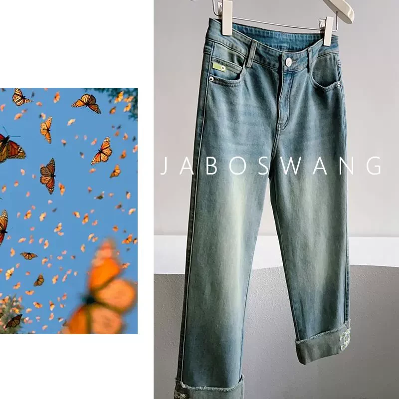 K141小香翻边牛仔裤浅色高腰窄版直筒牛仔裤九分裤女烟管裤韩国款