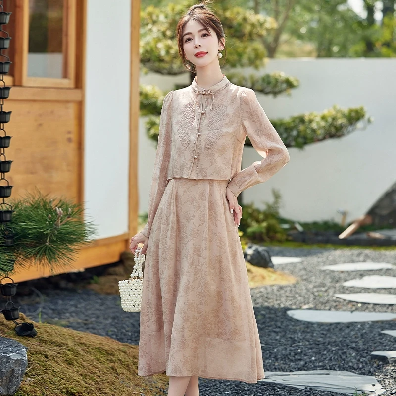 新中式国风改良旗袍连衣裙女2025新款春秋装长袖两件套装十三行爆