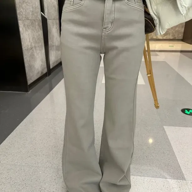 灰咖高腰显瘦微喇牛仔裤 密密绒