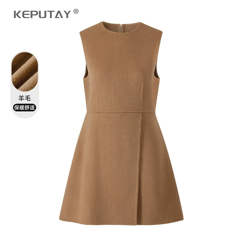 毛呢连衣裙女2024秋冬新款气质高端无袖中裙双面羊驼毛背心裙显瘦