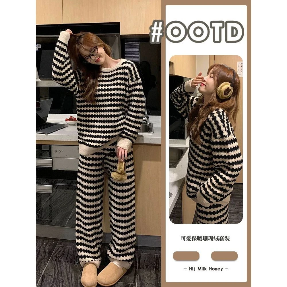 睡衣女冬季条纹高档半边绒韩版可外穿冬季保暖圆领睡衣家居服套装