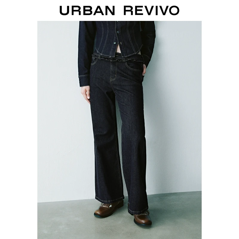 UR2025春季新款女装欧若风复古休闲木耳边水洗牛仔长裤UYY850007