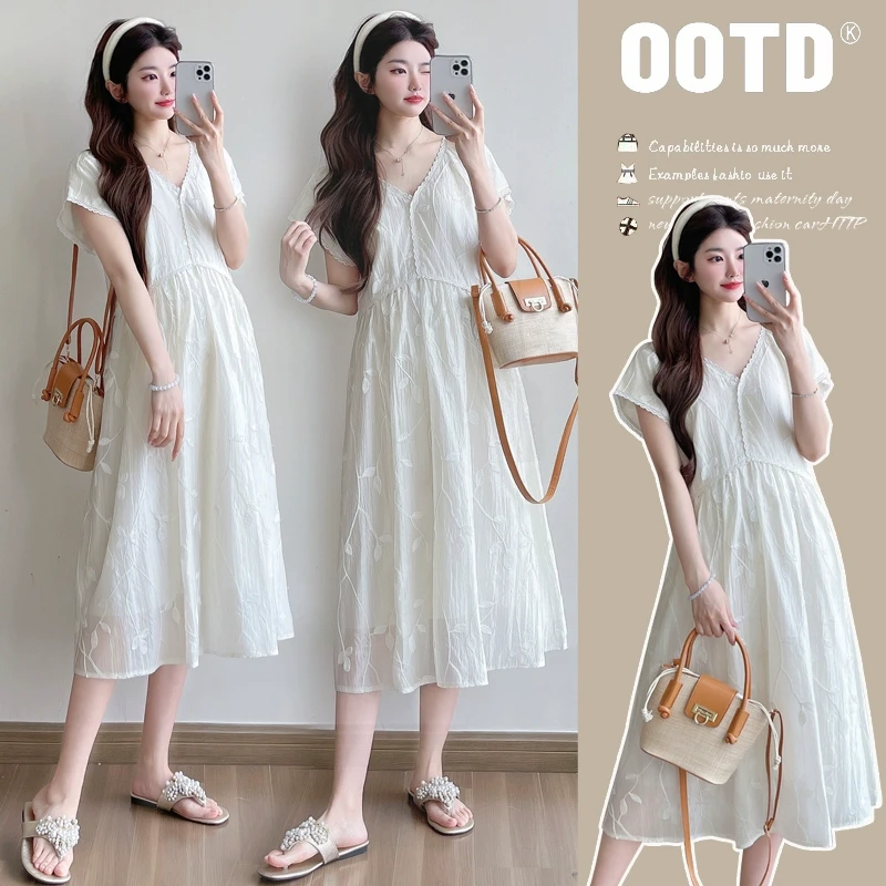 孕妇装2025夏季新款时尚气质高级感宽松V领短袖中长款孕妇连衣裙