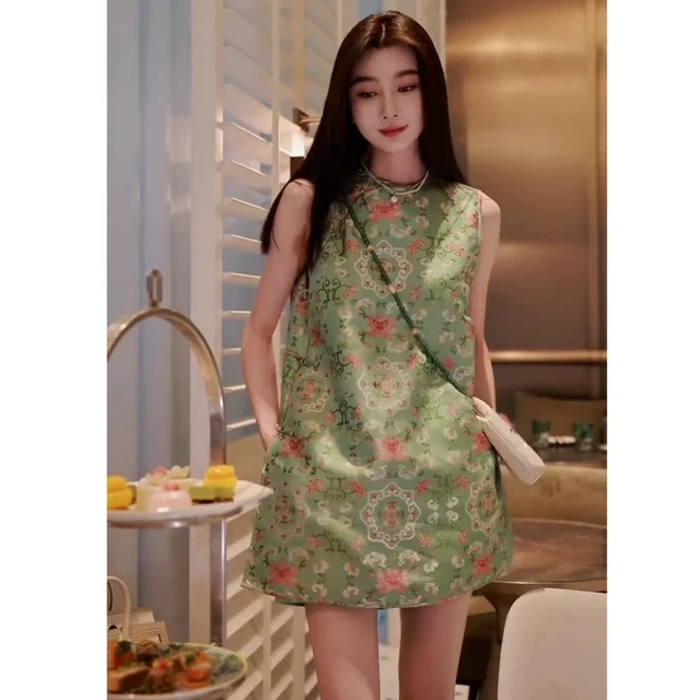 新中式轻国风多巴胺宋锦连衣裙套装轻奢夏季绿色无袖马甲裙子短裤