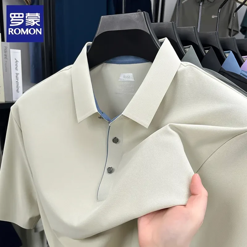 罗蒙短袖T恤男士2025夏季商务休闲翻领polo衫新款纯色百搭上衣男
