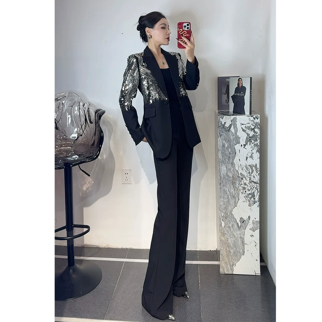 高定大牌重工套装2025新款黑色职业气质干练通勤西装喇叭裤两件套