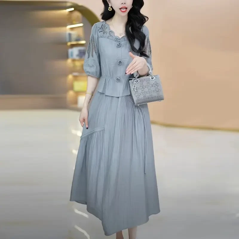 天竹棉轻奢女装2025夏季新款短袖收腰显瘦气质减龄假两件连衣裙子