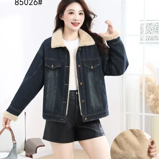 冬季加绒加厚女保暖短外套复古韩版牛仔棉衣宽松显瘦小个子翻领