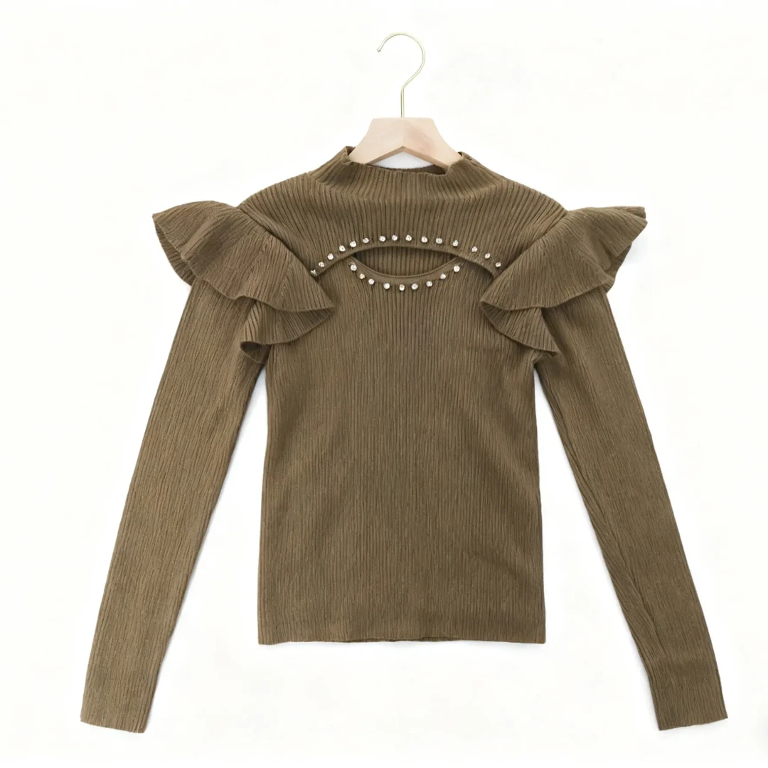 秋冬季半高领镂空针织衫女修身显瘦长袖内搭上衣重工钉钻打底毛衣