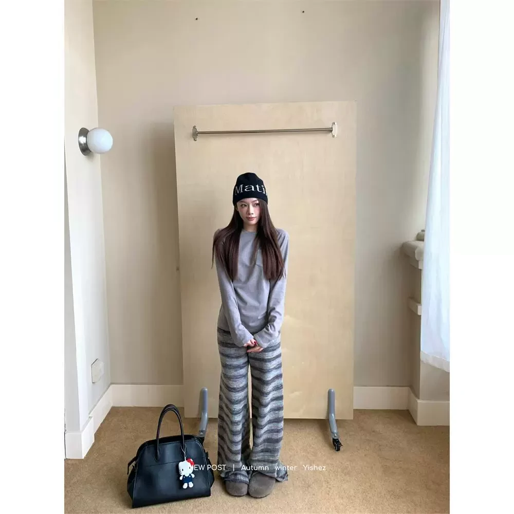 洢社长【行走的种草机】秋冬条纹裤慵懒外穿渐变阔腿裤裤长裤