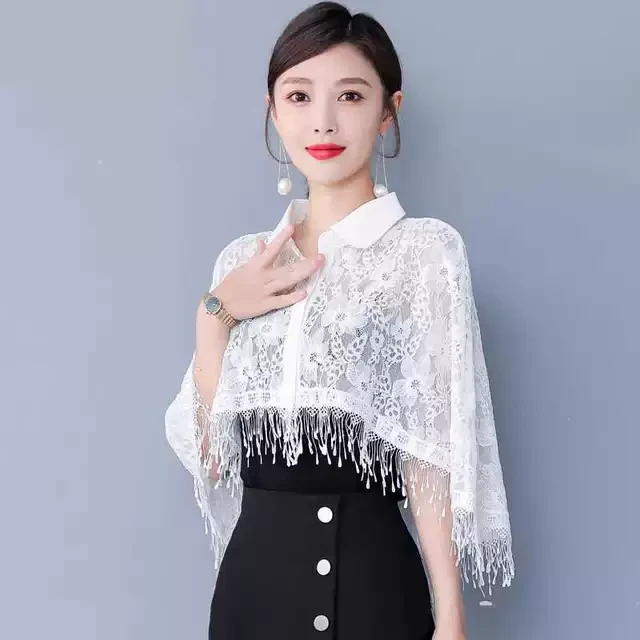 蕾丝披肩小开衫女春夏时尚翻领斗篷外搭配裙子旗袍薄外套流苏上衣