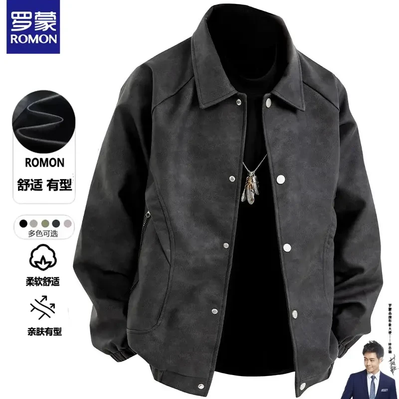 Romon罗蒙/男士外套冬季新款加绒春季皮衣大码宽松外套胖子皮夹克