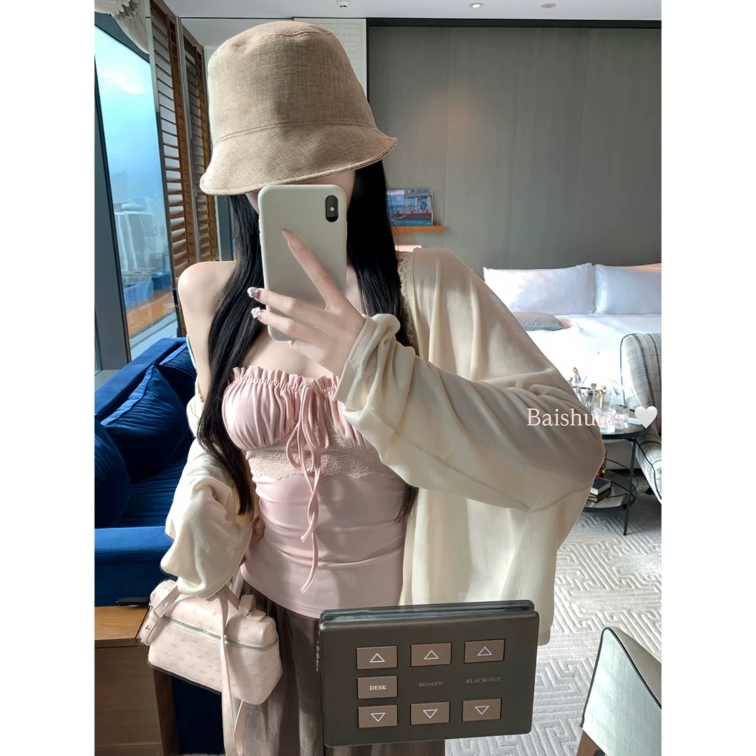 白水女 花边薄款针织开衫女春夏宽松慵懒风长袖上衣 B50450336