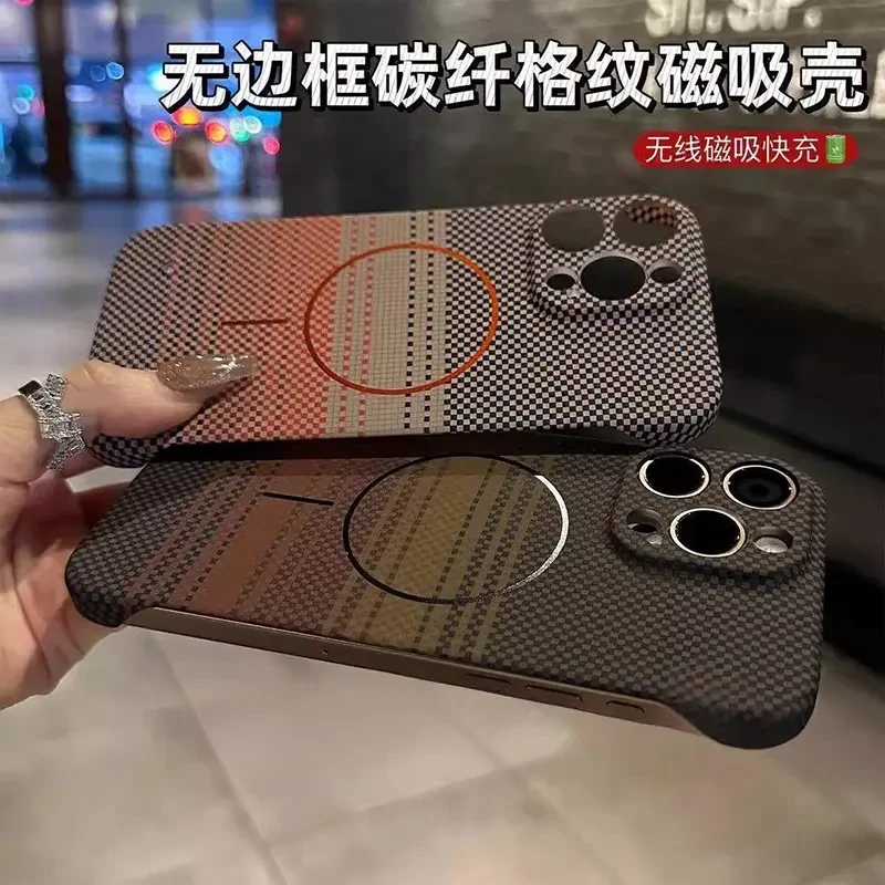 碳纤维纹无边框适用苹果16promax手机壳15pro细圈磁吸14/13保护套
