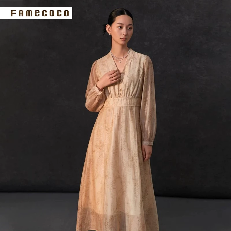 Famecoco设计师品牌文艺气质禅意V领连衣裙印花天丝FAC1FA008