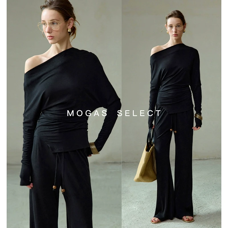 Mogas【栗子专属】云朵纸片人套装桑蚕丝醋酸一字领斜肩上衣针织女