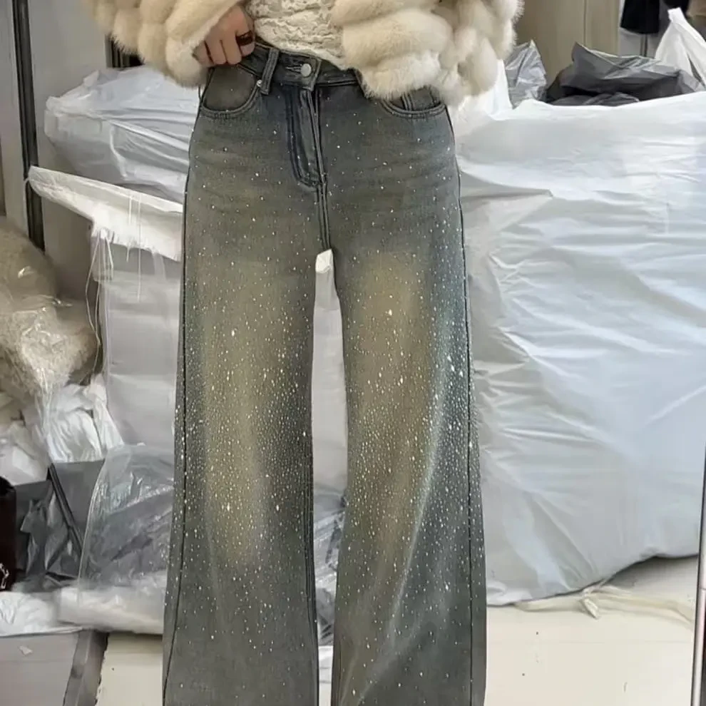 冬季新款烫钻加绒加厚设计感时尚百搭显瘦阔腿牛仔裤女203