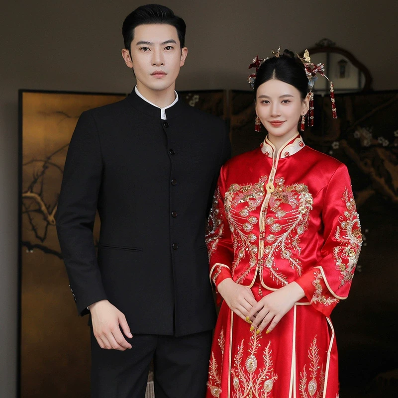 新中式立领中山装男士西服套装国风新郎结婚订婚礼服韩版修身西装