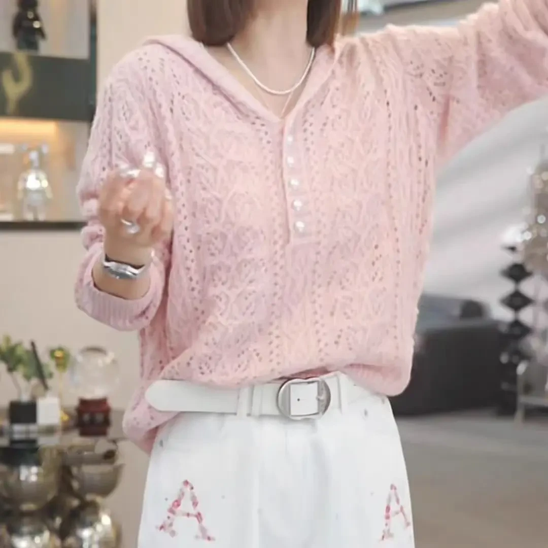 2025春夏新款长袖针织连帽开衫女时尚【万古长春】遮肉镂空显瘦气质