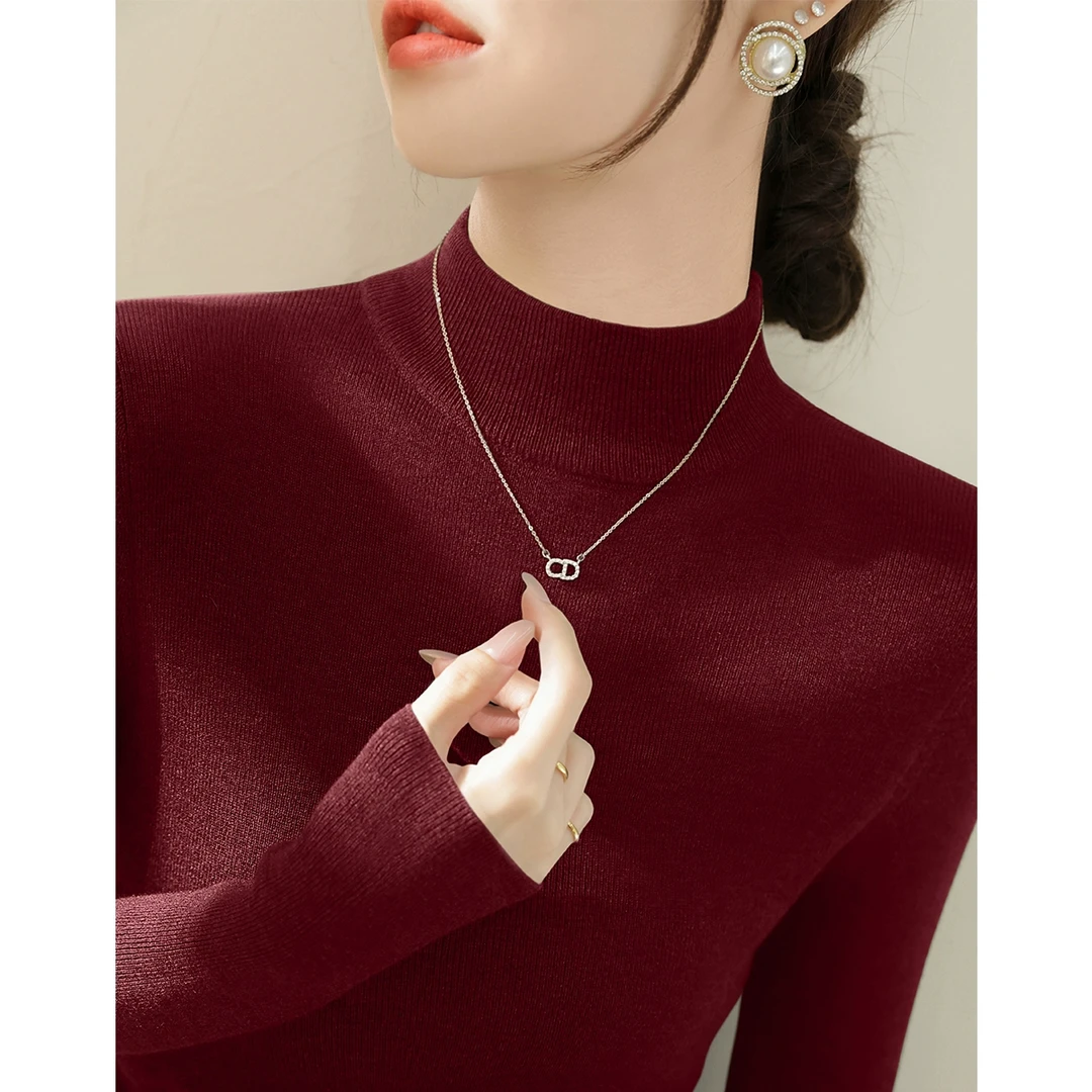 春季新款酒红色长袖针织上衣女修身内搭打底衫气质显瘦半高领毛衣