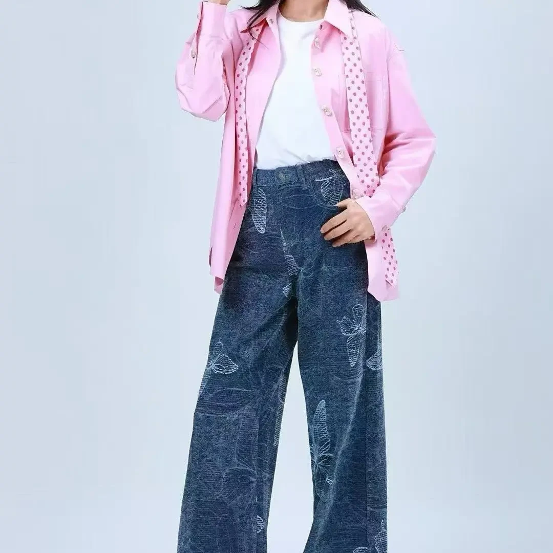 春季新款蓝色洋气百搭高腰微弹牛仔阔腿裤显瘦