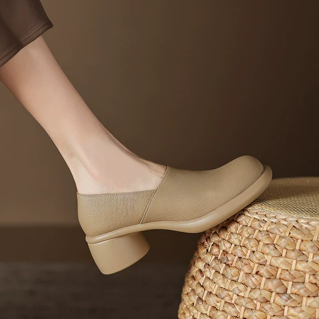 真皮厚底中口单鞋女2025秋新款复古百搭一脚蹬皮鞋圆头色粗跟鞋