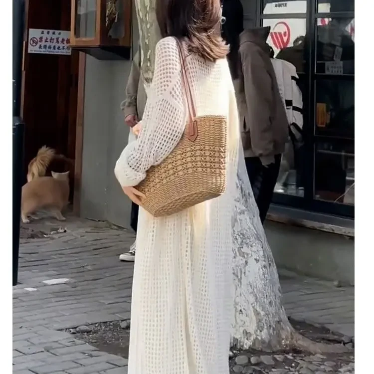 2025开衫新款春夏镂空网格针织开衫法式洋气长款气质宽松百搭外搭