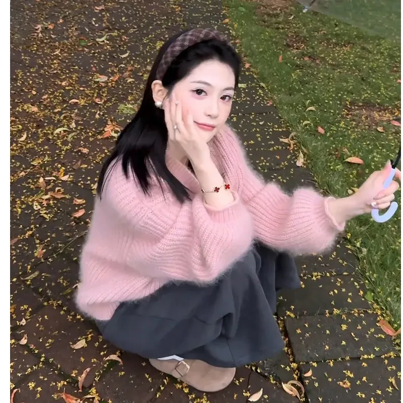 早秋韩系穿搭宽松长袖毛衣开衫气质高腰半身裙女装禅意仙气飘飘