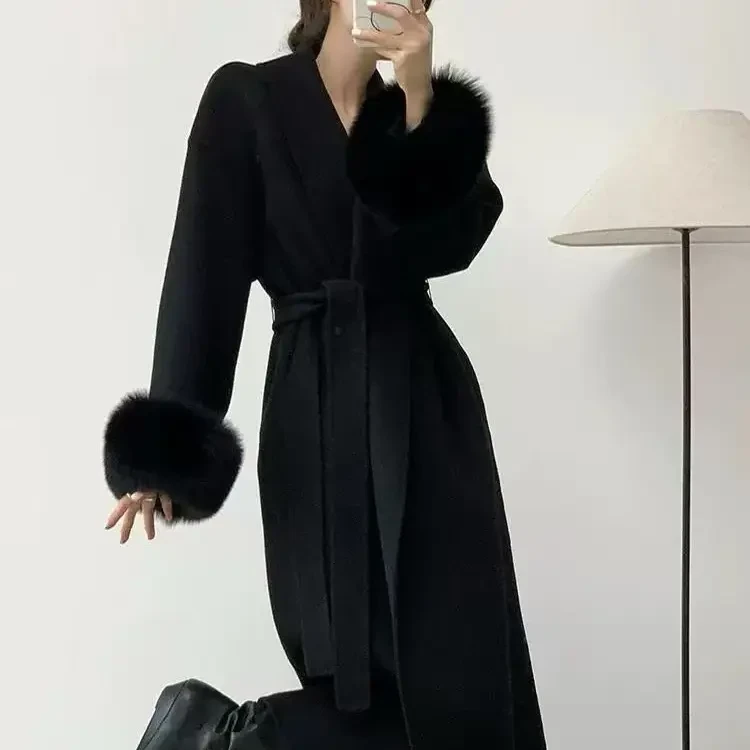 秋冬新款韩版袖口双面中长款加厚保暖毛呢外套大衣