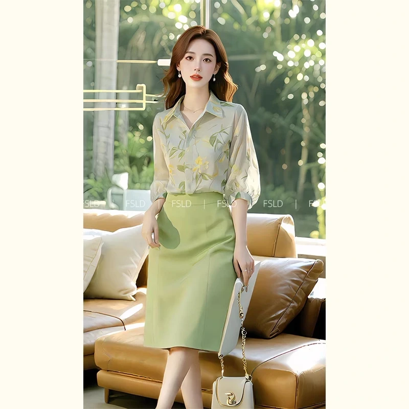 夏装搭配一整套盐系轻熟绿色碎花衬衫连衣裙两件套装2025新款女装