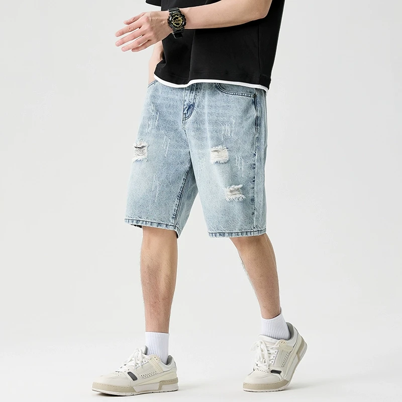 夏季薄款纯棉牛仔短裤男士宽松直筒潮牌百搭五分裤破洞休闲中裤