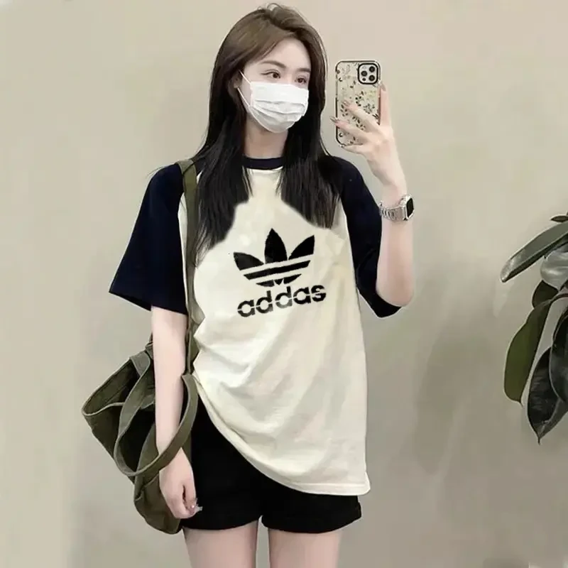【一折专区】运动显瘦ins短袖T恤圆领拼接撞色涂鸦半袖显瘦上衣女F