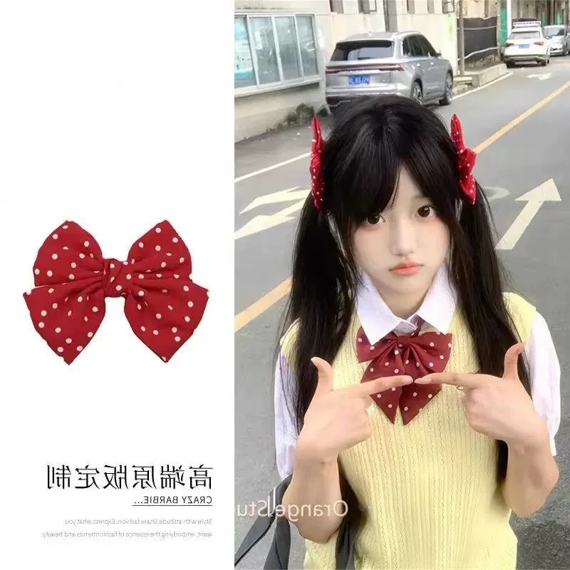 日系元气感酒红色波点蝴蝶结发夹可爱学院风JK制服对夹大号发卡