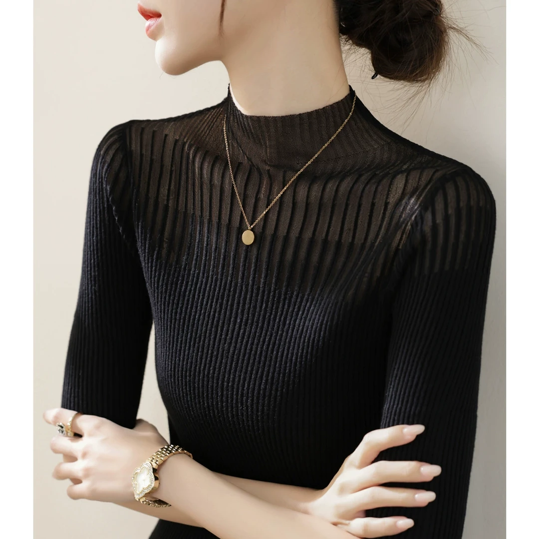 高级正肩半高领蕾丝网纱针织打底衫女早春新款五分袖套头内搭上衣