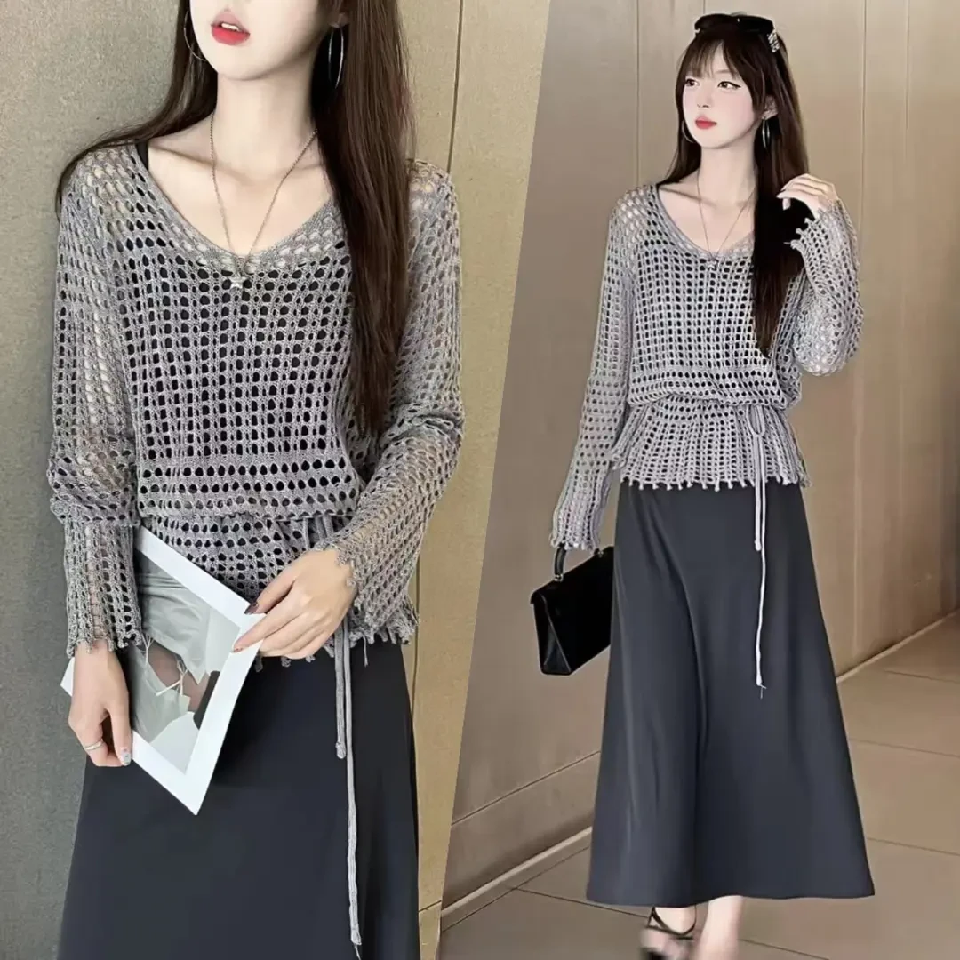 镂空罩衫吊带裙两件套女春秋新款洋气减龄收腰显瘦超好看长裙套装