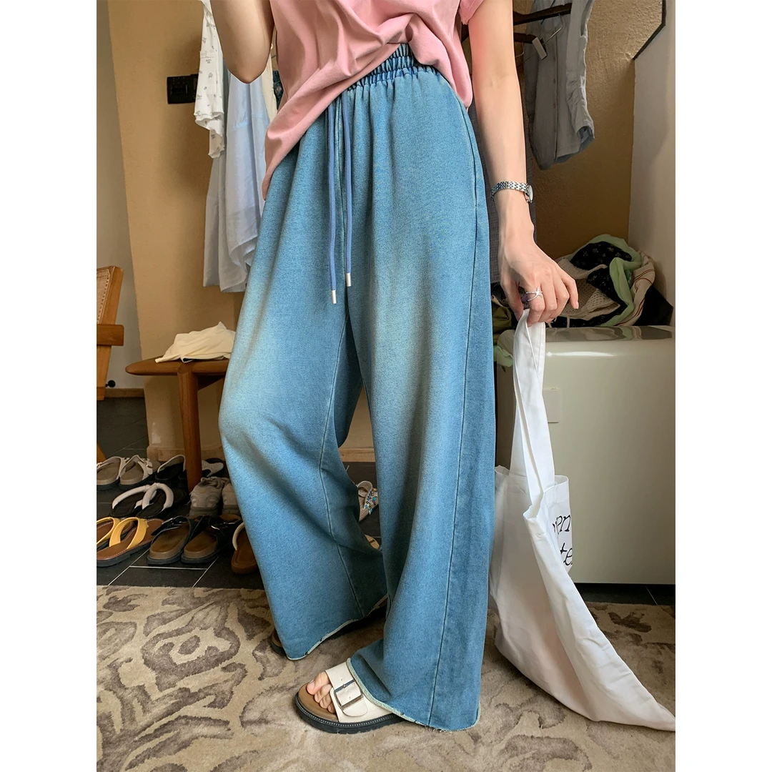 【西西里安】 随性垂垂裤~ju舒适松紧腰薄款卷边阔腿牛仔卫裤