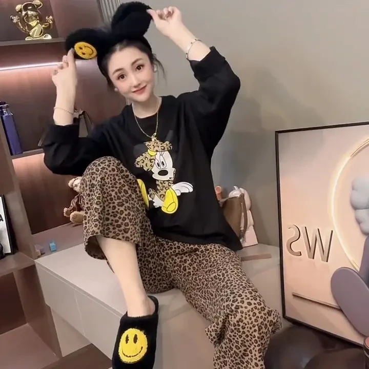女士秋冬季长袖长裤家居服豹纹裤圆领印花舒适宽松可外穿睡衣套