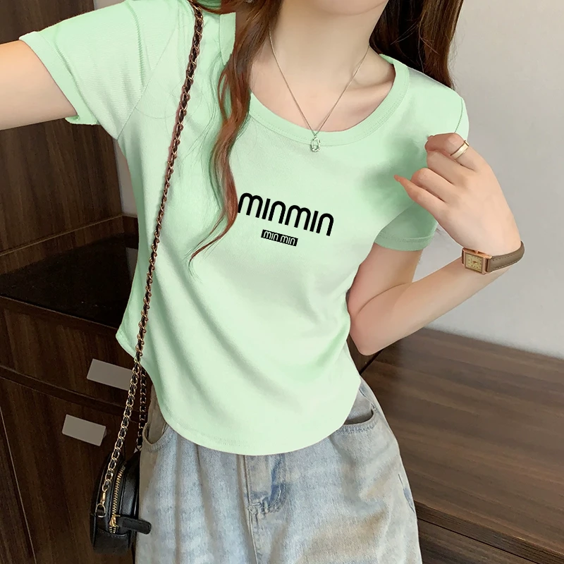 薄荷绿夏季U领短袖t恤洋气衣服女设计感褶皱收腰辣妹高腰打底上衣