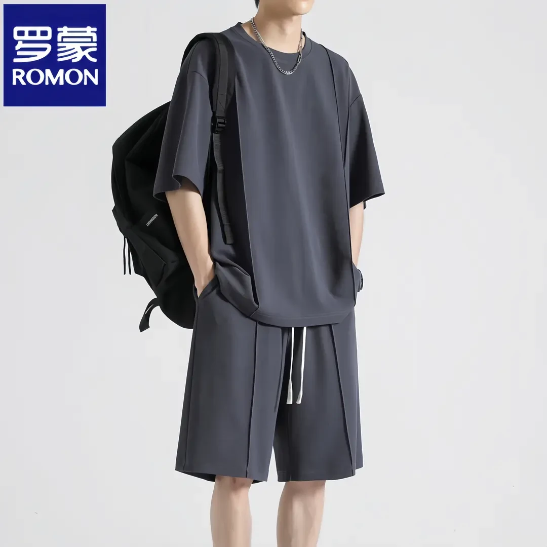 Romon/罗蒙冰丝夏季男士薄款速干运动休闲短裤时尚穿搭短袖套装