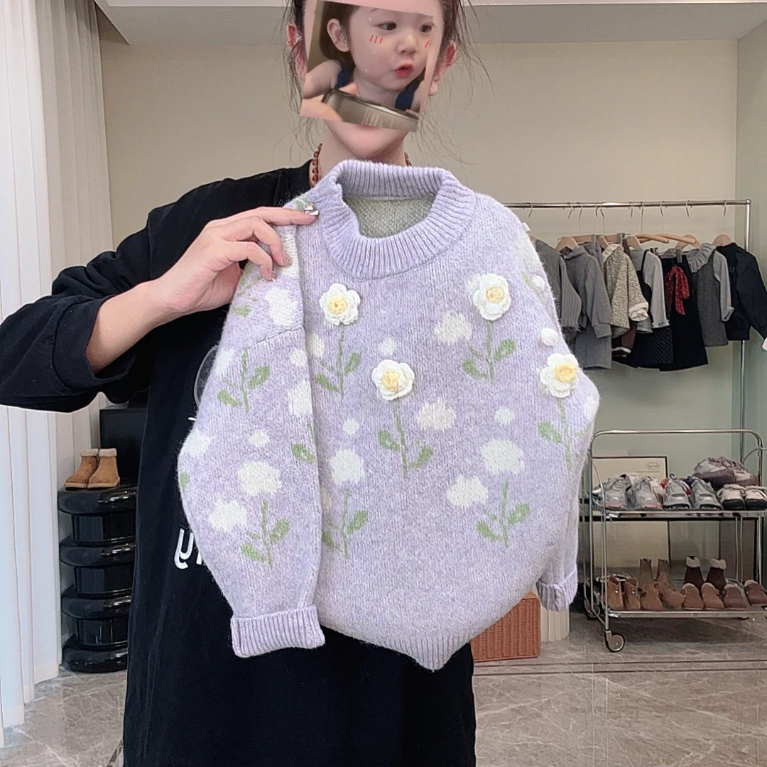 女童花朵毛衣秋冬装2025新款儿童针织上衣韩版女孩圆领打底衫洋气